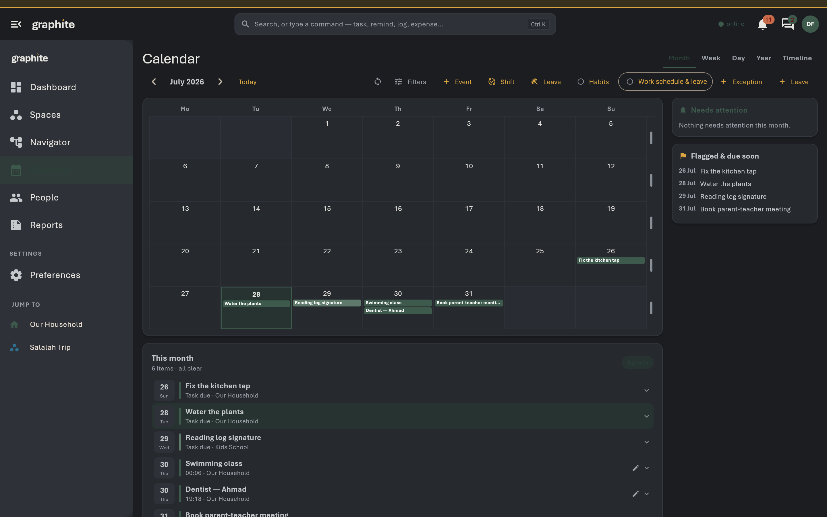 The shared calendar with shifts and leave layered on